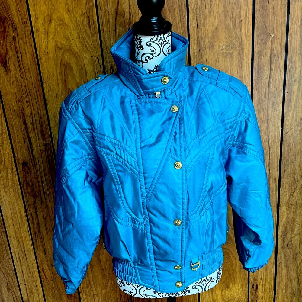 Vintage Descente ski coat 90s Shiny teal and gold hardware ski coat jacket. S